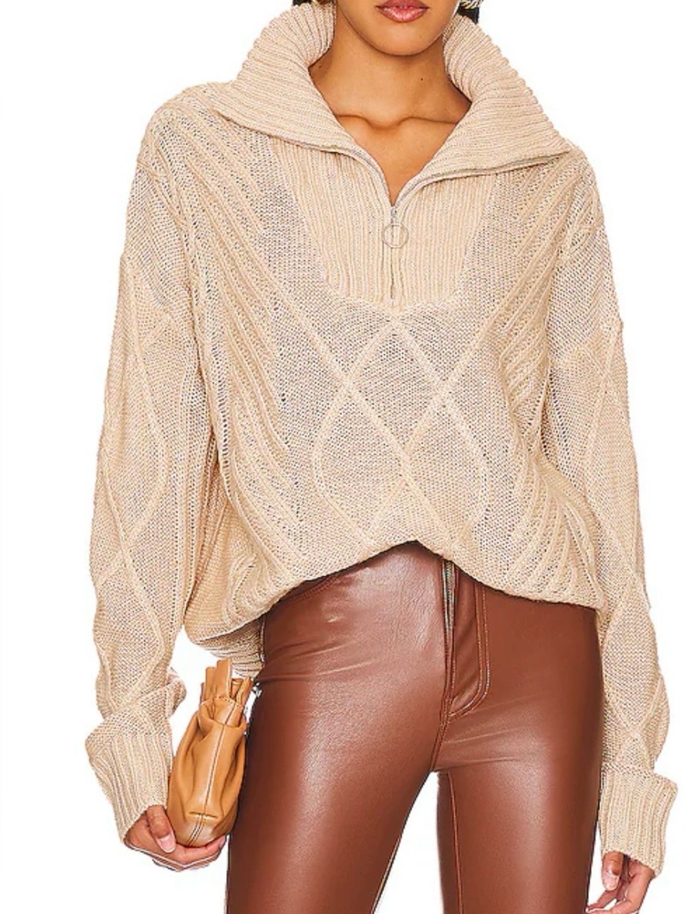 SNDYS x revolve jax cable knit 1/4 zip oversized sweater beige sz xs euc